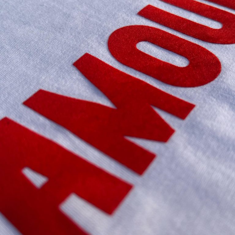 თეთრი-მაისურის-მიახლოვებული-წარწერა-amour Stagi Group, სტაგი ჯგუფის თეთრი მაისური, მიახლოვებული, წითელი წარწერა, Amour, ხავერდის დიზაინი