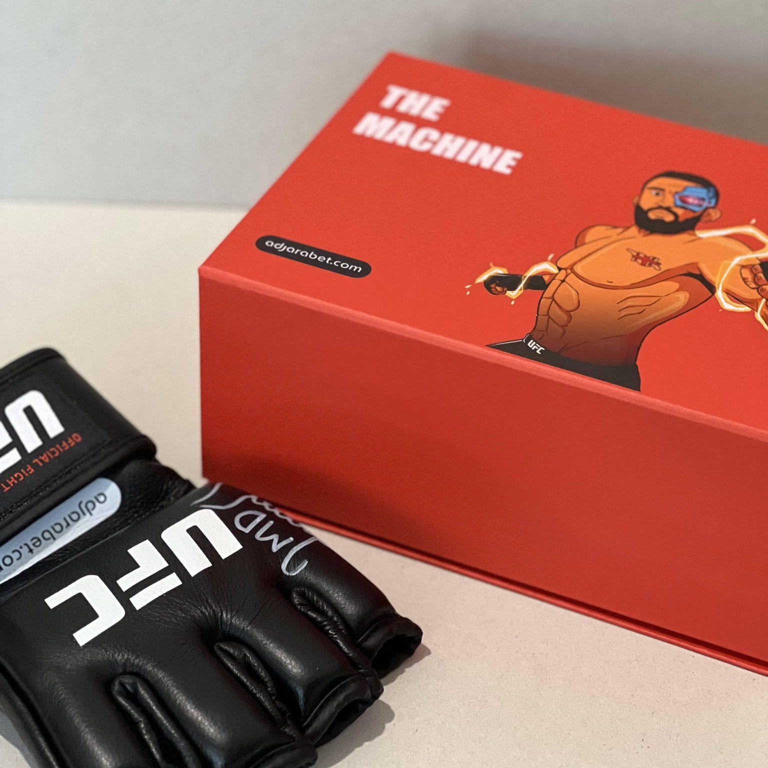 Stagi Group, სტაგი ჯგუფის აჭარაბეთის ბრენდირებული წითელი სასაჩუქრე ყუთი მერაბ დვალიშვილის პრინტით და ბოქსის ხელთათმანებით