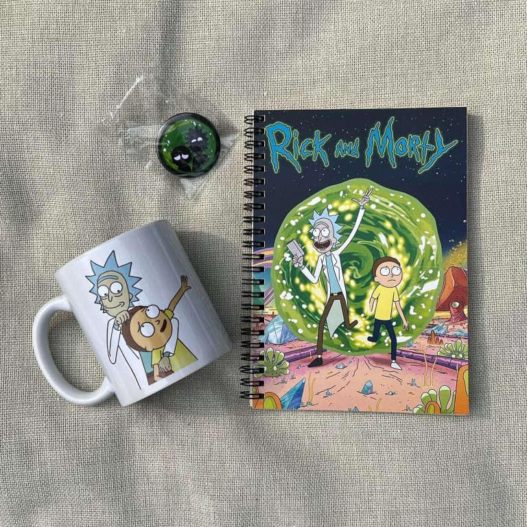 Stagi Group, სტაგი ჯგუფის Rick&Morty, რიკი და მორტის ბრენდირებული ნაკრები, შეიცავს პინს, ჭიქას და ბლოკნოტს