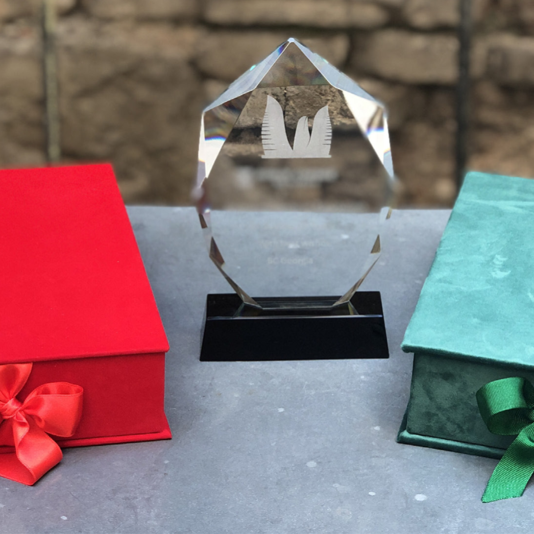 Stagi Group, სტაგი ჯგუფის წითელი და მწვანე ბარხატის ყუთები ლენტით, შუშის გრავირებული პრიზი